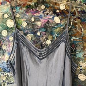100% Silk V-Neck Bias Cut Long Dress/Nightgown in Silver Ice Blue w Mesh Detail